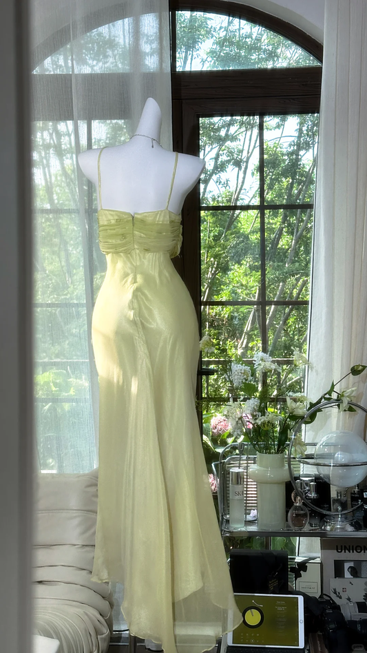 Glänzendes hellgrünes Chiffon-Ballkleid mit Spaghettiträgern und Pailletten DP6239
