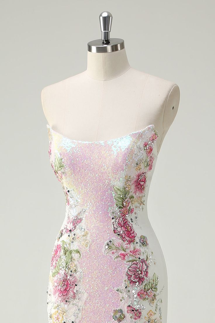 Glamorous Floral Sequin Mermaid Gown Strapless Bodice Sparkle Prom Dress DP7638