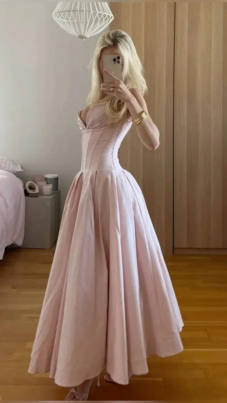 Elegant Pink Sweetheart Strapless Corset Satin Floor Length Ball Gown DP8662