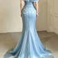 Elegant Sky Blue Satin Off-the-Shoulder Mermaid Beaded Ruched Prom Dress DP8788
