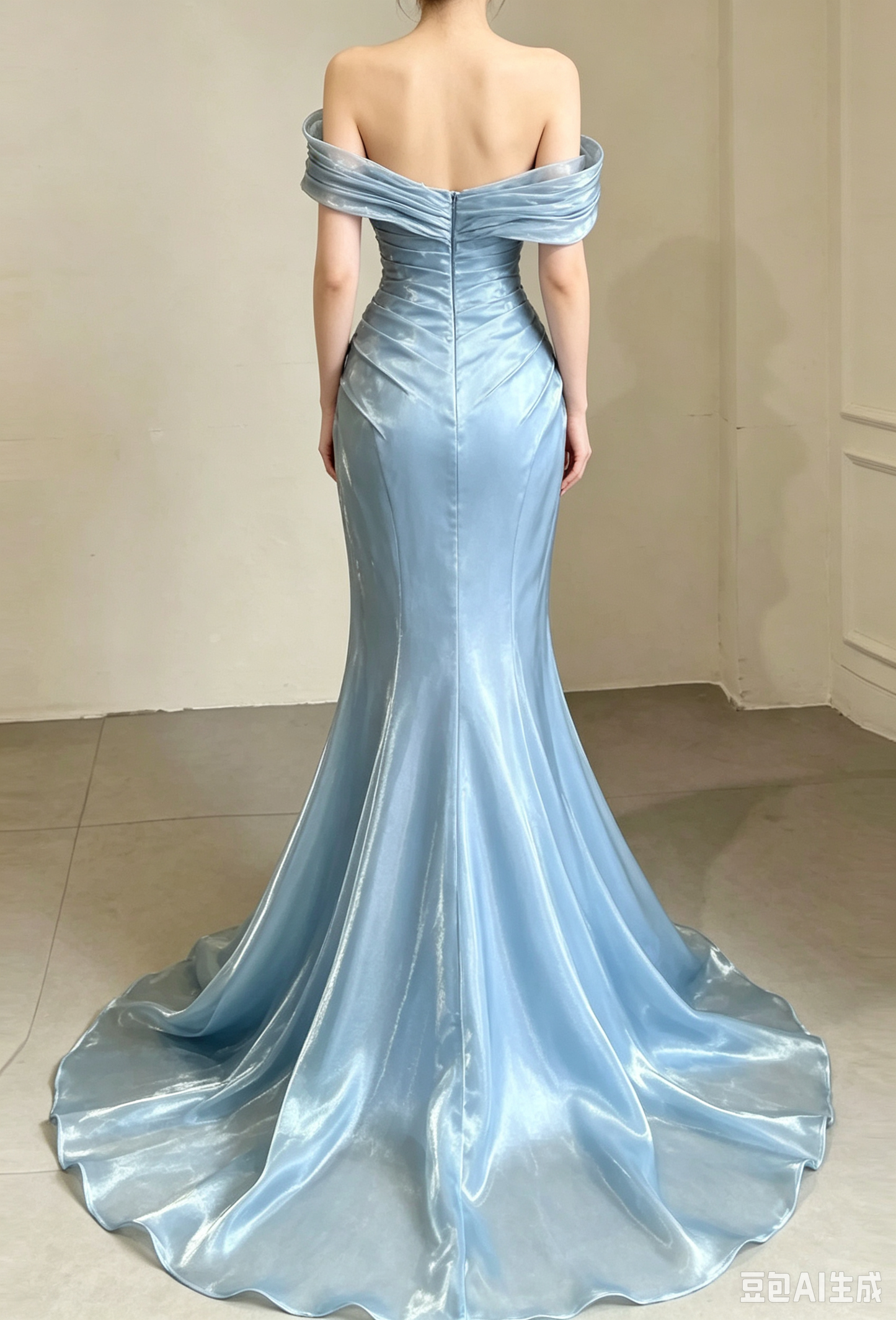 Elegant Sky Blue Satin Off-the-Shoulder Mermaid Beaded Ruched Prom Dress DP8788