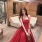 Elegan Red Halter-Neck A-Line Midi Prom Dress DP8654