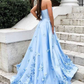 Blue A-Line Sweetheart  Floral Applique Long Prom Formal Dresses With Pocket,DP0234