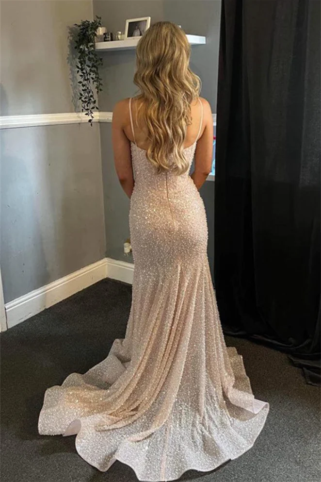 Blush Pink Sequins Mermaid Straps Long Prom Dress,DP011