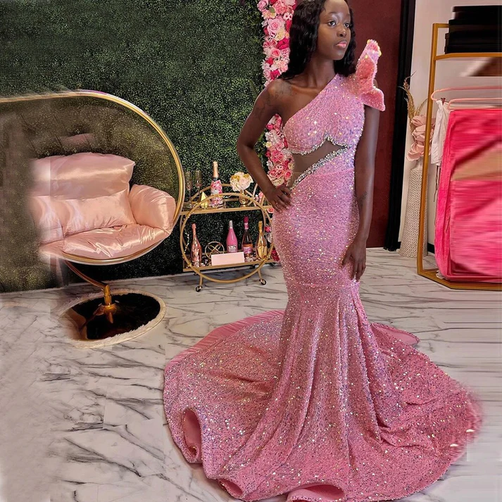 Pink Beaded Sequins Evening Dress One Shoulder Black Girl Formal Party Dress, DP2384