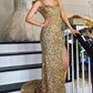 Gold Sequin Square Neck Backless Mermaid Long Formal Dress with Slit,DP048