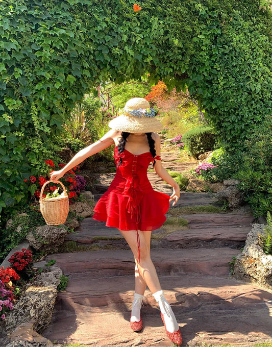 Süßes rotes Herzausschnitt Spaghettiträger kurzes A-Linie Chiffon Partykleid Cocktailkleid Homecoming Kleid DP6494