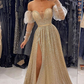 Champagne V-Neck Sequins Evening Front Split Prom Dress With Long Sleeves,DP0169