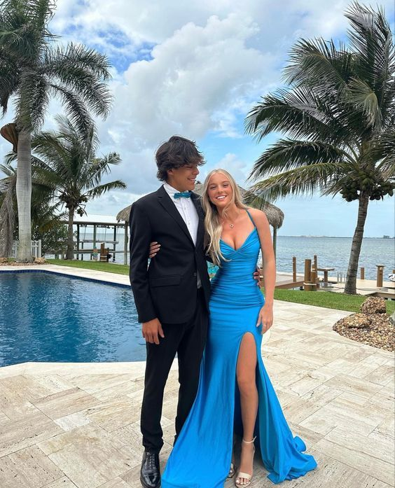 Elegant Blue V Neck Prom Dress With Split,Blue Formal Dress,DP0101