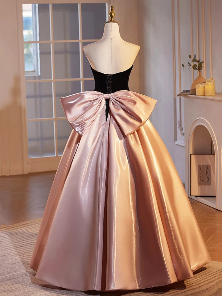 Black Velvet and Pink Satin Beautiful A-Line Strapless Party Dress Evening Gown, DP2476