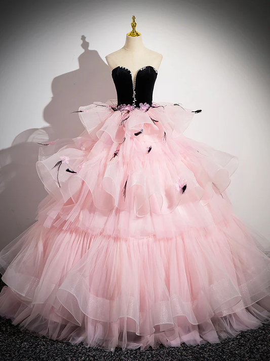 Pink Tulle and Black Velvet Strapless Party Gown Ruffles Formal Evening Dress, DP2477