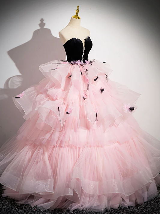 Pink Tulle and Black Velvet Strapless Party Gown Ruffles Formal Evening Dress, DP2477