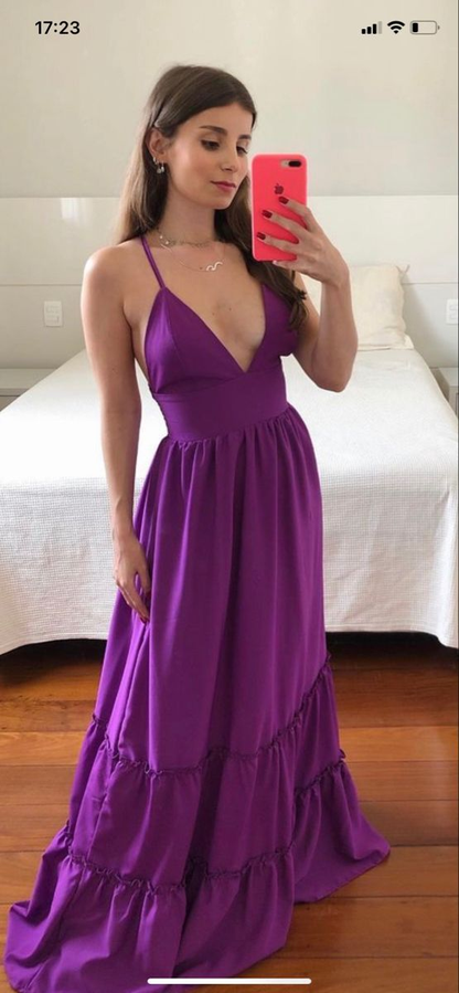 Elegant Purple Spaghetti Straps A-Line Long Party Gown Wedding Guest Dress, DP3539