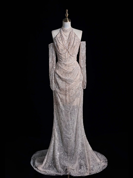 Light Champagne Halter Mermaid Sequins Long Evening Gown Birthday Outfits, DP5457