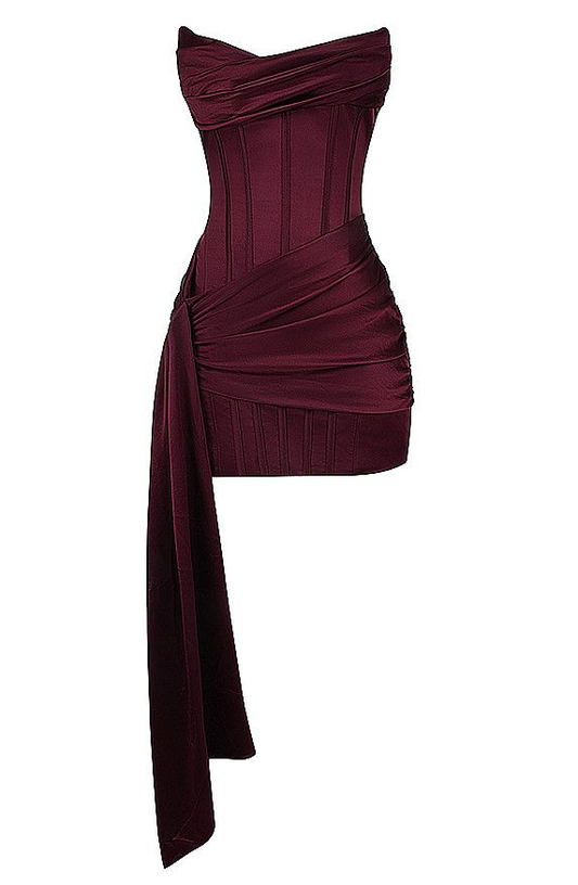 Wine Red Strapless Satin Short Evening Party Dress Cocktail Dress, DP3426