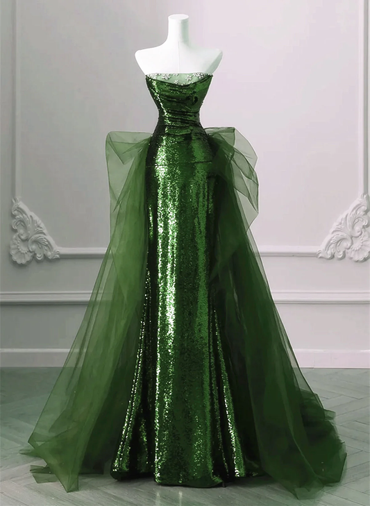 Green Strapless Mermaid Sequins Long Evening Party Dress, DP2659