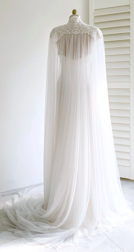 White Bridal Long Tulle Cape Sleeves with Embroidered Lace Appliques Long Wedding Dress, DP3495