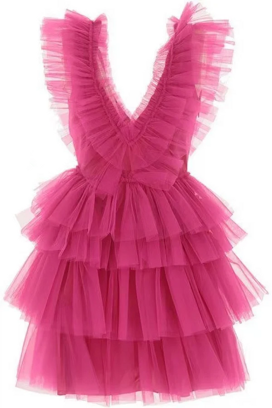 Hot Pink Short Homecoming Dress, Mini Tulle Prom Dress, DP3028