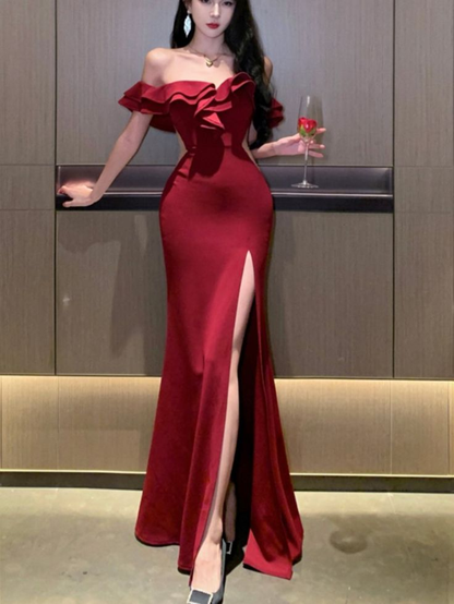 Red Off Shoulder Mermaid Ruffle Long Party Dress with Slit, DP2842