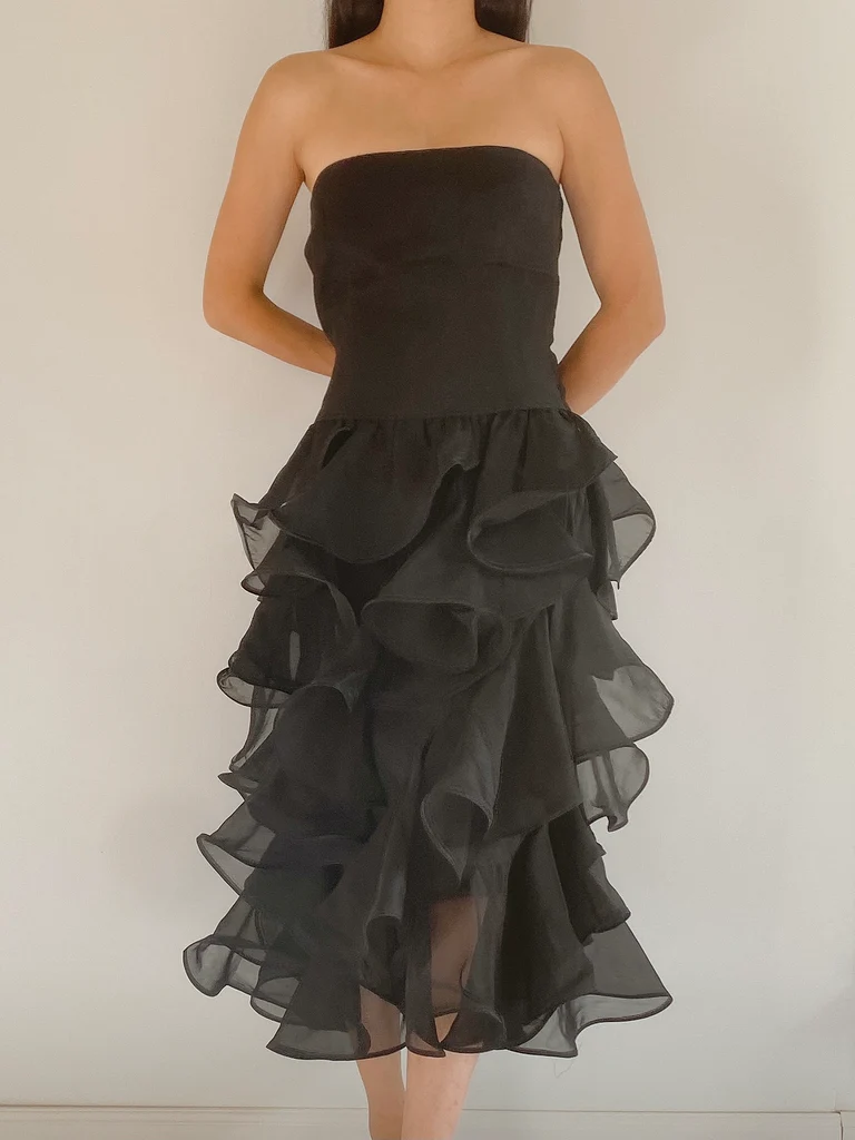 Black Strapless Ruffles Classy Evening Party Dress, DP2597