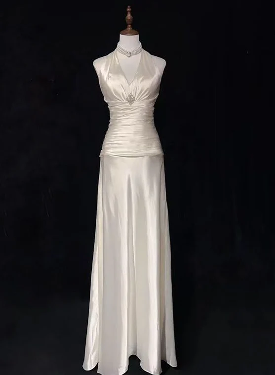 White Halter A-Line Satin Vintage Long Prom Gown Wedding Reception Dress, DP3518