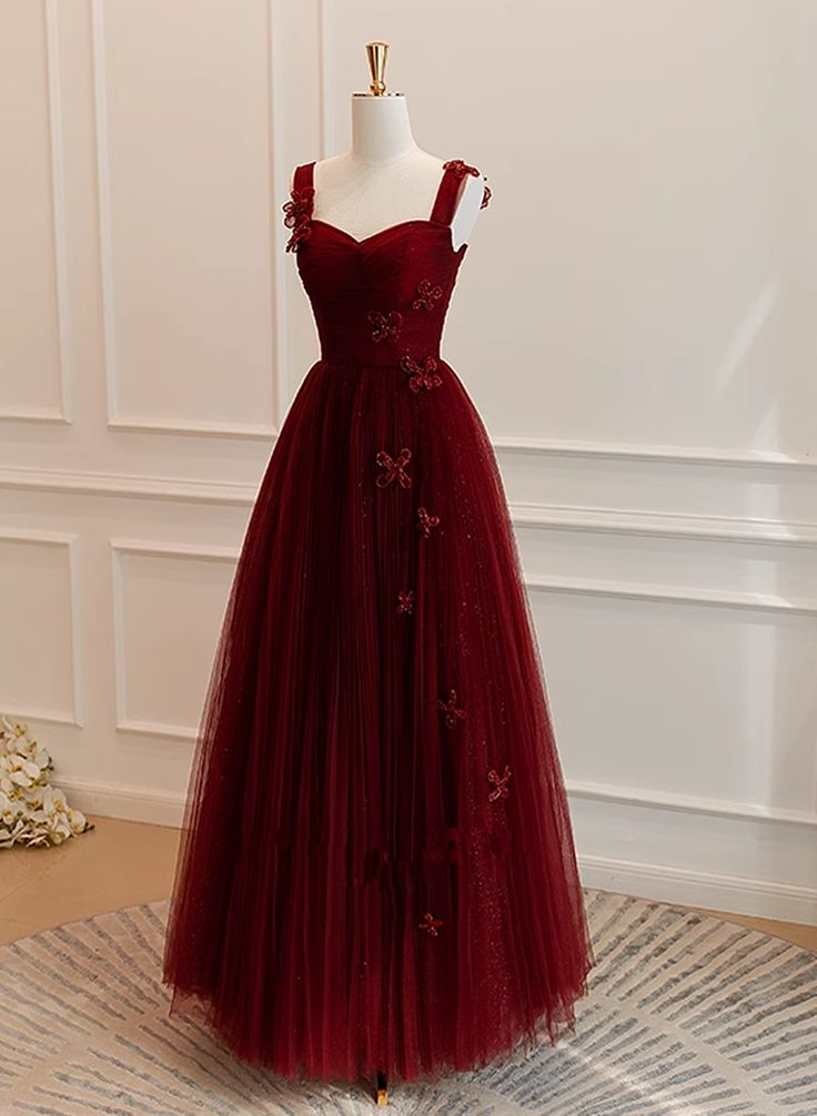 Wine Red Straps A-Line Tulle Long Party Dress Fprmal Evening Dress, DP2933