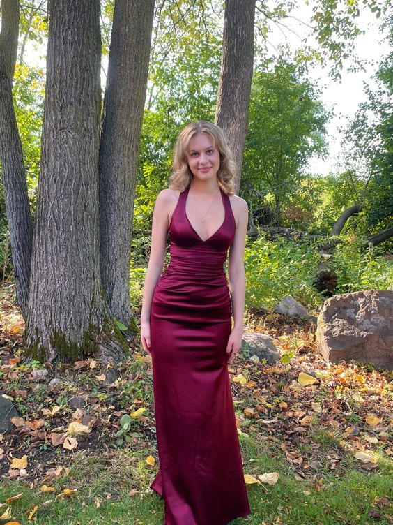 Burgundy V Neck Halter Sheath Long Party Dress Graduation Dress, DP3282