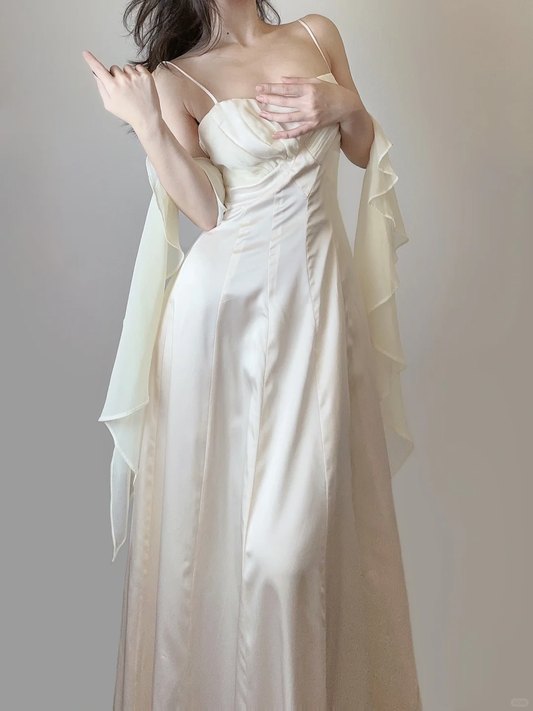 Elegant Ivory Spaghetti Straps A-Line Vintage Long Evening Party Dress, DP5365