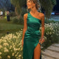 Green One Shoulder Wedding Guest Dress Long Evening Party Dress, DP3339