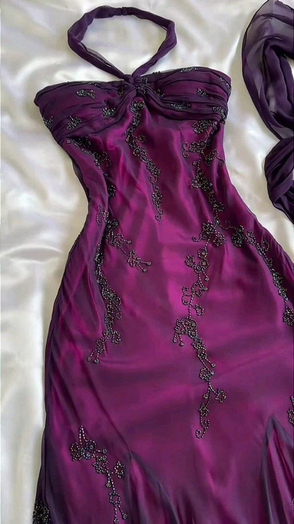 Vintage Dark Purple Halter Beading Ruffle Charming Party Dress, DP2277