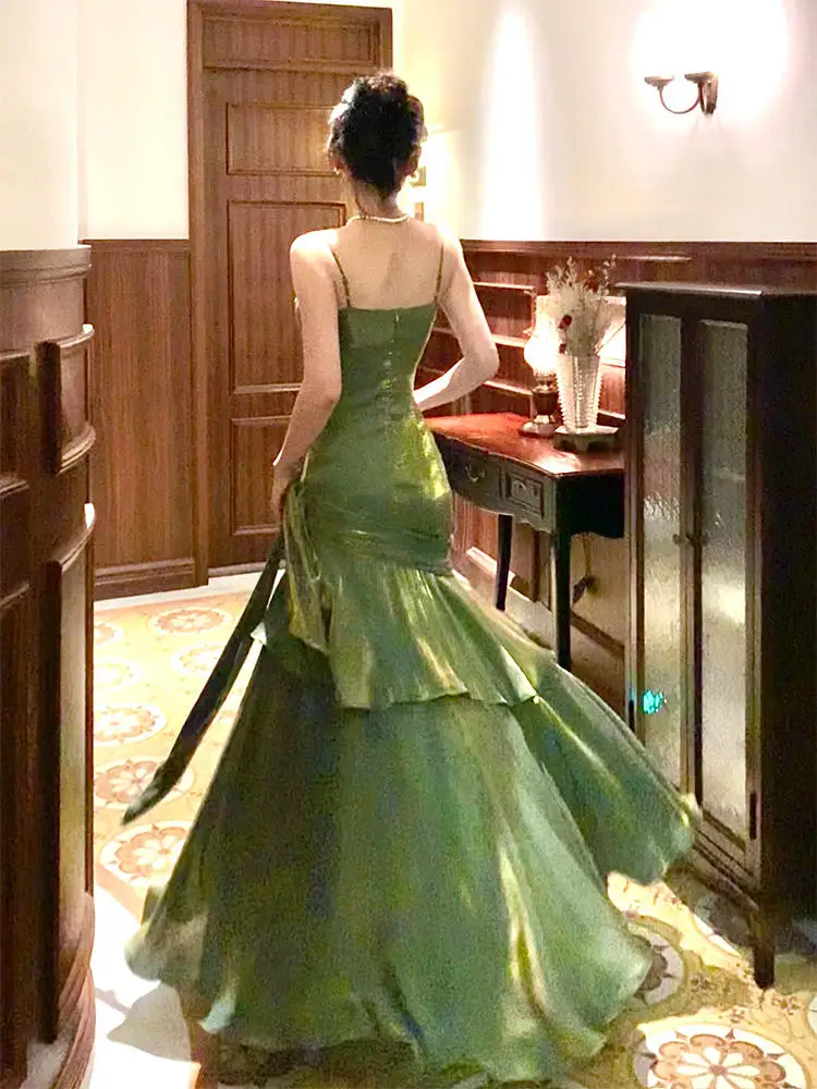 Green Spaghetti Straps A-Line Elegant Long Party Gown Birthday Dress, DSProm Green Spaghetti Straps A-Line Elegant Long Party Gown Birthday Dress, DSProm