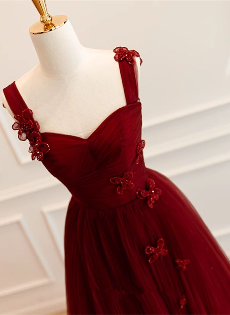 Wine Red Straps A-Line Tulle Long Party Dress Fprmal Evening Dress, DP2933