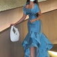 Blue Off Shoulder Mermaid Ruffles Long Evening Dress, DP2937