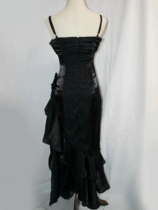 Black Straps Vintage Floral Asymmetrical Hem Long Prom Dress, DP3139