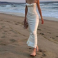 White Spaghetti Straps Sheath Satin Long Party Dress, DP3765