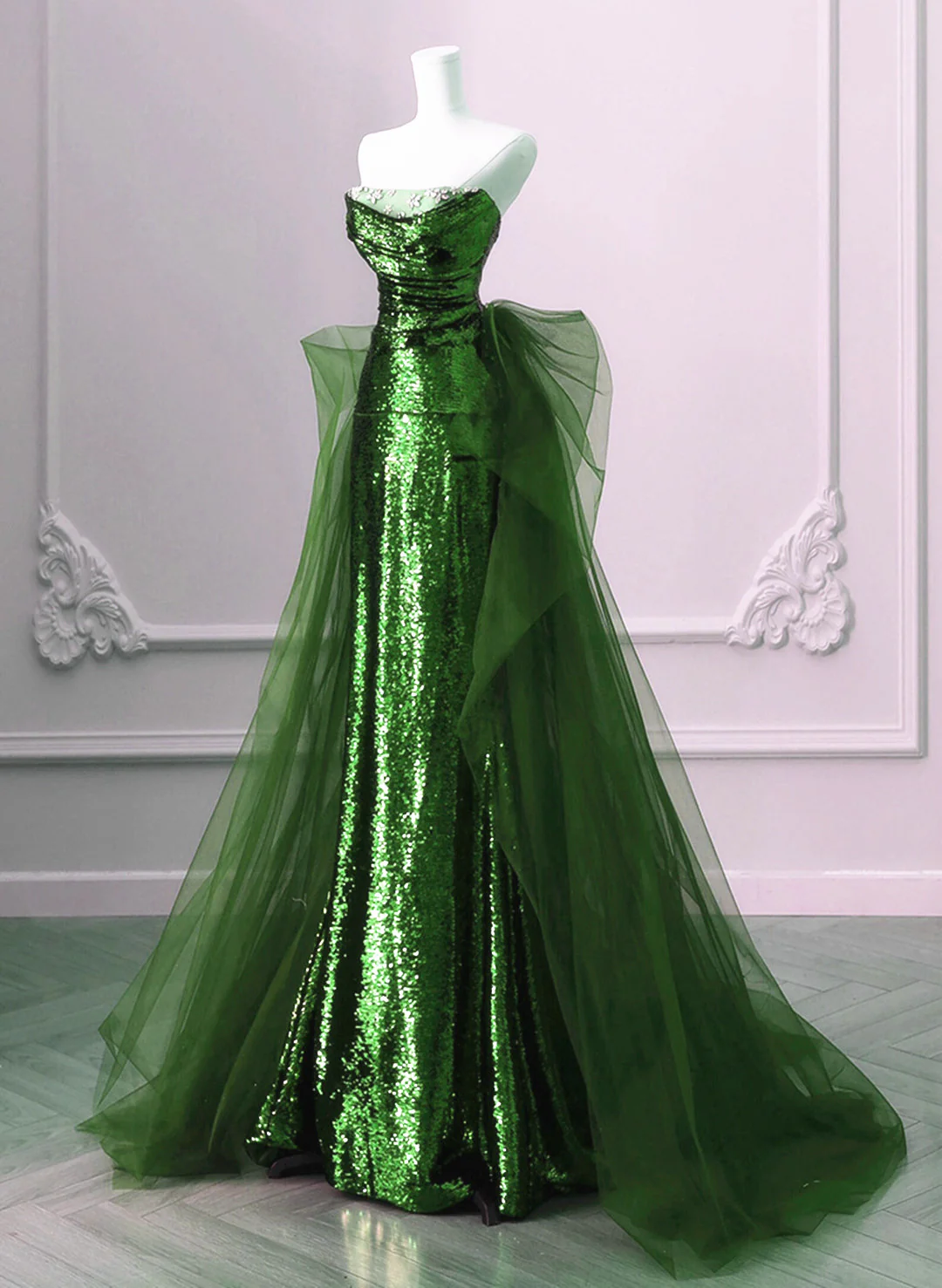 Green Strapless Mermaid Sequins Long Evening Party Dress, DP2659