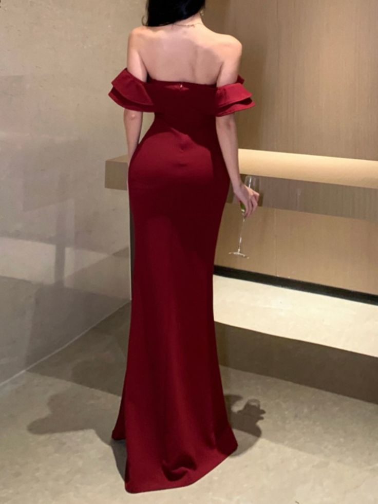 Red Off Shoulder Mermaid Ruffle Long Party Dress with Slit, DP2842