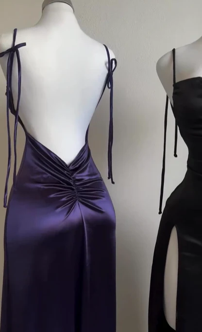 Purple Straps Backless Satin Long Party Dress Evening Dress, DP2787