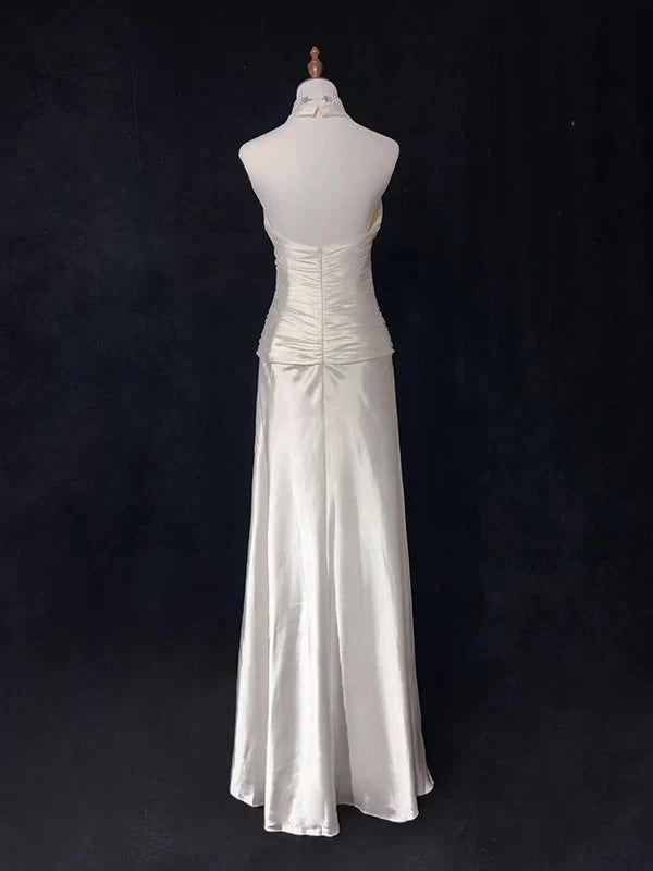 White Halter A-Line Satin Vintage Long Prom Gown Wedding Reception Dress, DP3518