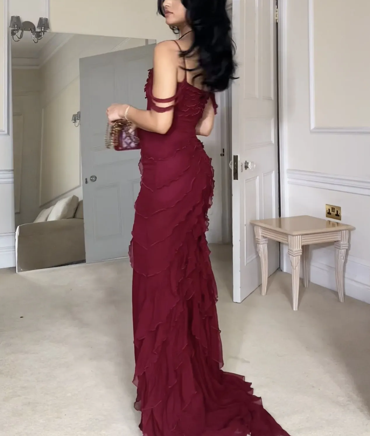 Wine Red Off Shoulder Straps Multi-layered Ruffles Long Prom Dress, DP DSProm Wine Red Off Shoulder Straps Multi-layered Ruffles Long Prom Dress, DP DSProm