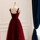 Wine Red Straps A-Line Tulle Long Party Dress Fprmal Evening Dress, DP2933