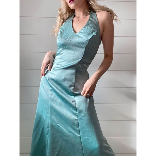 Vintage Beading Halter Satin Blue Evening Party Dress, DP2499