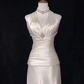 White Halter A-Line Satin Vintage Long Prom Gown Wedding Reception Dress, DP3518