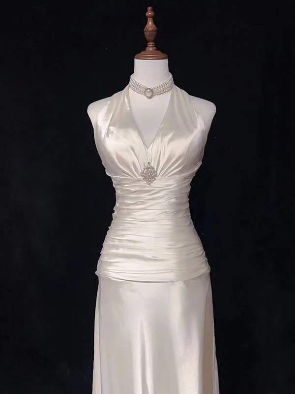 White Halter A-Line Satin Vintage Long Prom Gown Wedding Reception Dress, DP3518