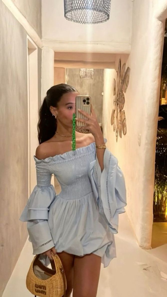 Light Blue Off Shoulder Long Sleeves A-Line Party Dress Fashion Summer Dress , DP3059