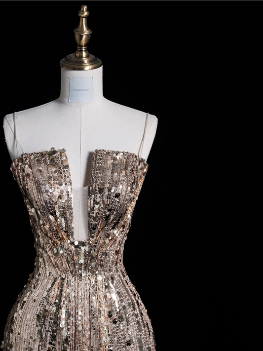 Glitzer Spaghettiträger Etuikleid Pailletten Langes Abendkleid Partykleid Geburtstagsoutfits, DP5114