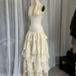 Vintage Halter Lace Tiered Ivory Long Prom Dress Birthday Outfits, DP3327