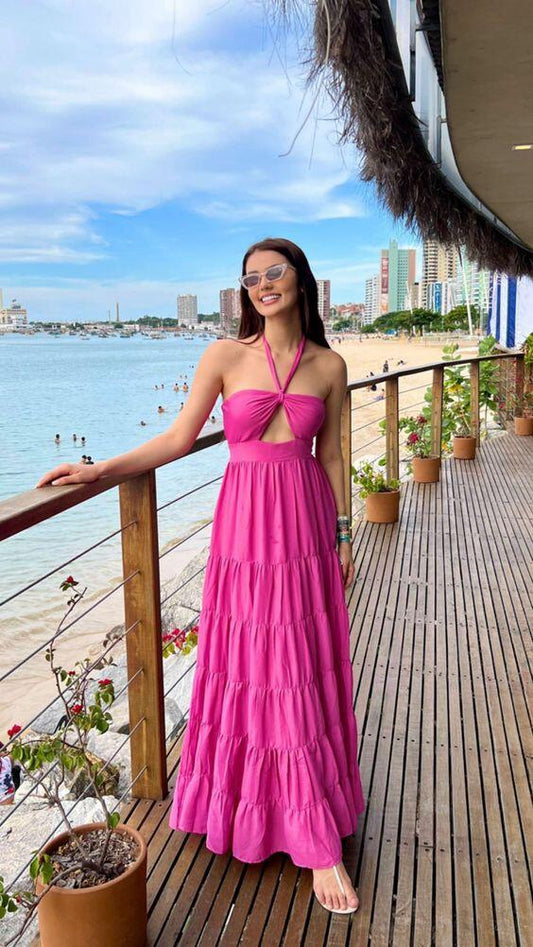 Pink Halter A-Line Fashion Summer Dress Wedding Guest Dress, DP3366