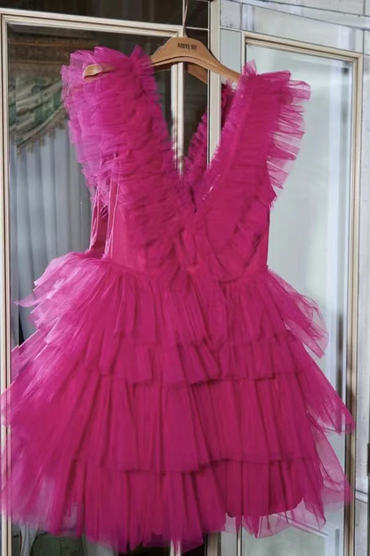 Hot Pink Short Homecoming Dress, Mini Tulle Prom Dress, DP3028