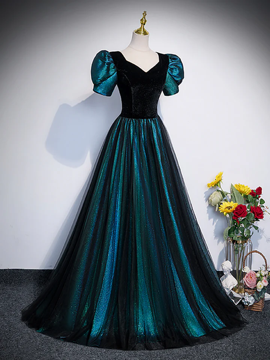 Unique Black Long Prom Dress Tulle A-Line Short Sleeve Evening Gown, DP2475